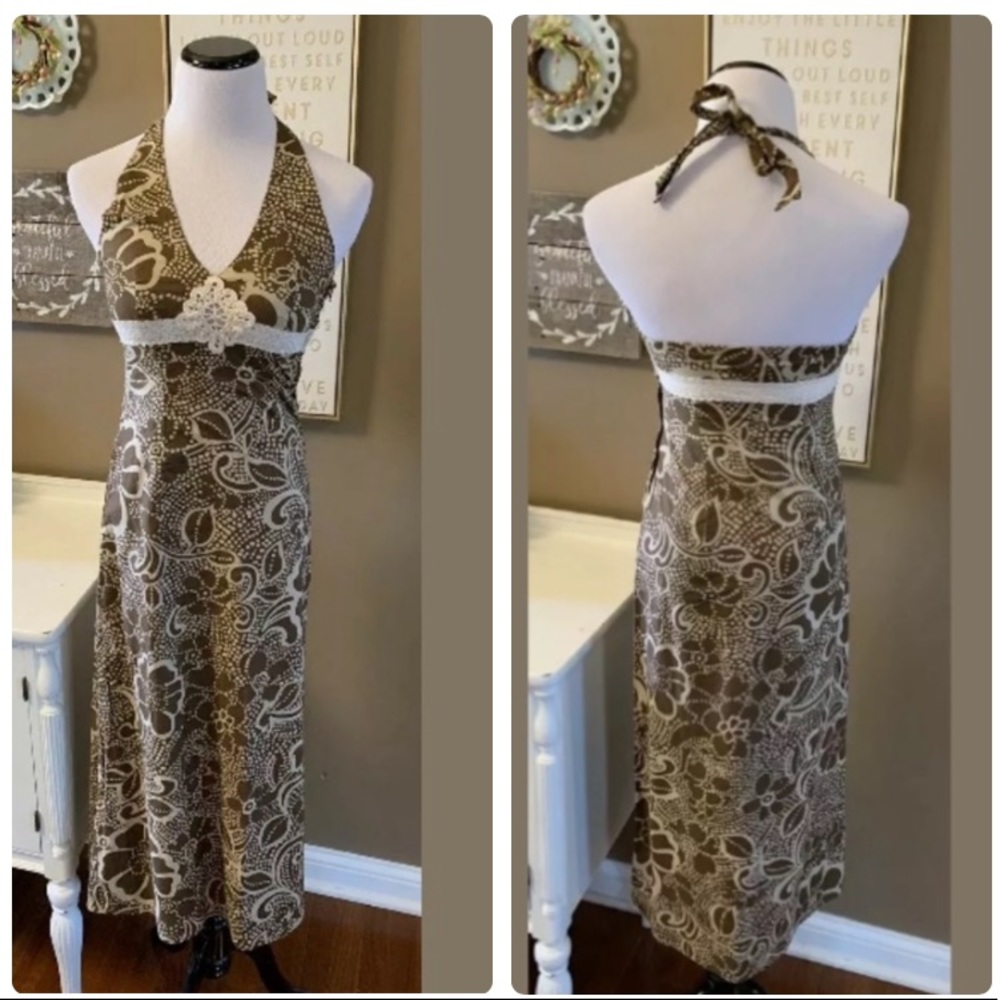 ROXY Brown Floral Halter Dress Sleeveless Crochet